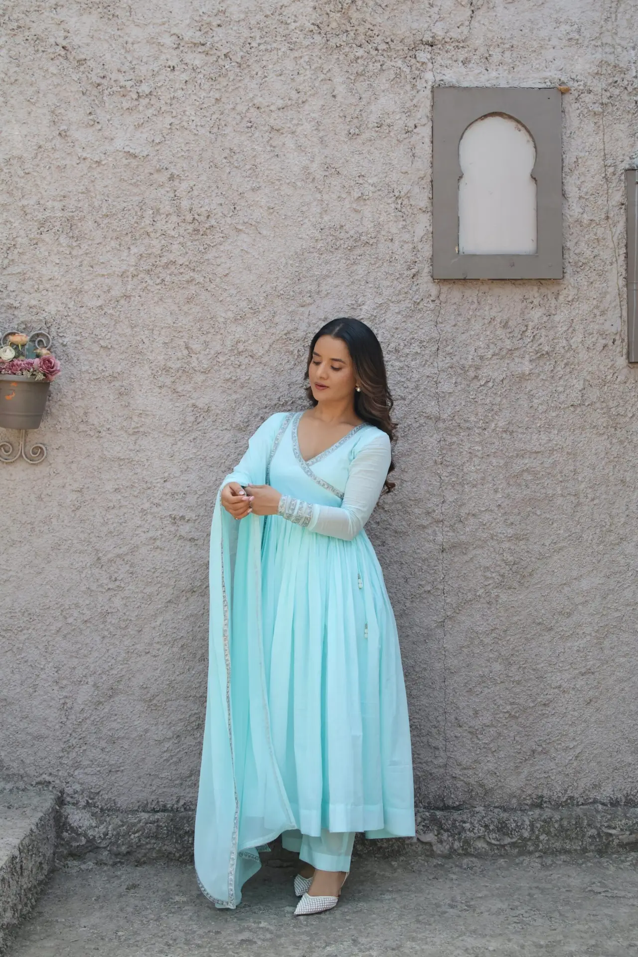 AMBER – Blue Angrakha Anarkali Suit Set with Dupatta - Image 2
