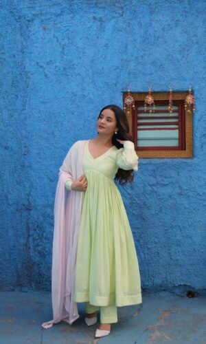 GULBAHAR – Lemon Green Anarkali Suit Set with Dupatta